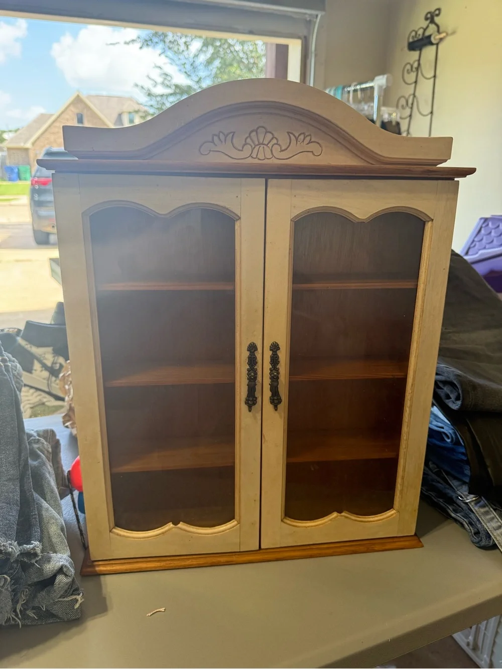 Vintage Cream and Brown Wall Display Cabinet